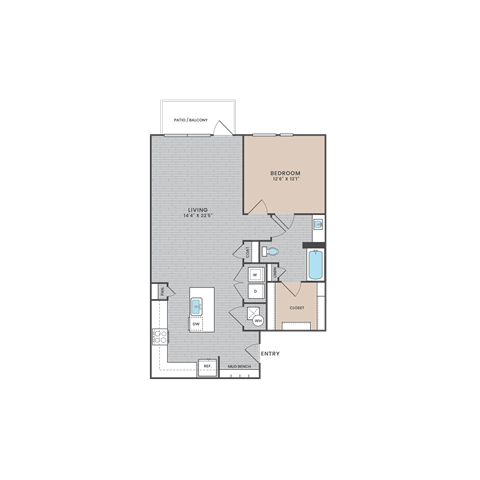 Floor plan for 1 bed, 1 bath, 913 sqft